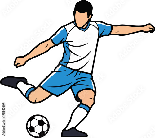 A young male soccer player kicking a soccer ball with dynamic movement and energy in a sports illustration