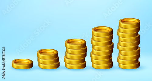 3D Golden coin stacks showing a rising trend. Financial growth and investment concept. Saving money and increasing wealth illustration. Vector illustration