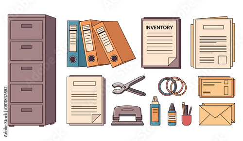 Office supplies collection: file cabinet, binders, inventory sheet, stationery essentials