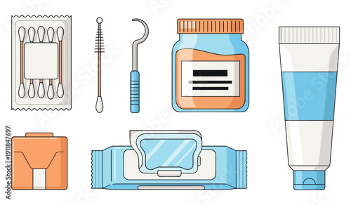 Oral and personal care items: dental floss, toothpaste, cotton swabs, tongue cleaner, earwax removal tools