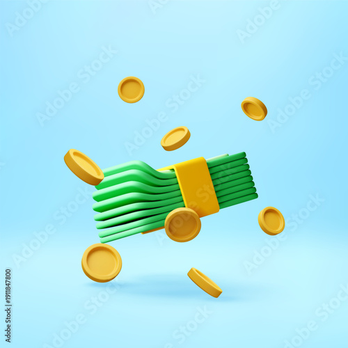 3D Green wad of cash and gold coins falling on blue background. Stock market investment and successful financial growth concept for business. Vector illustration