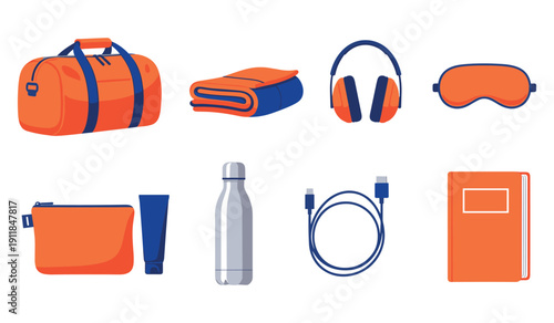 Essential travel accessories: bag, blanket, headphones, sleep mask, kit, bottle, cable, notebook