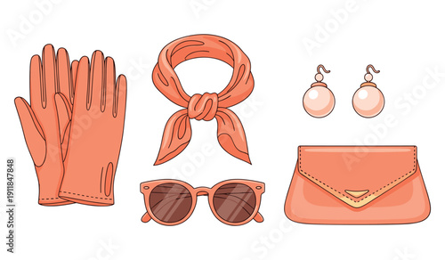Stylish female accessories set with coral scarf gloves sunglasses earrings and purse