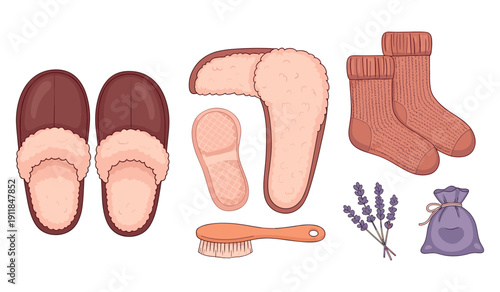 Cozy indoor essentials with slippers, socks, lavender, and brush