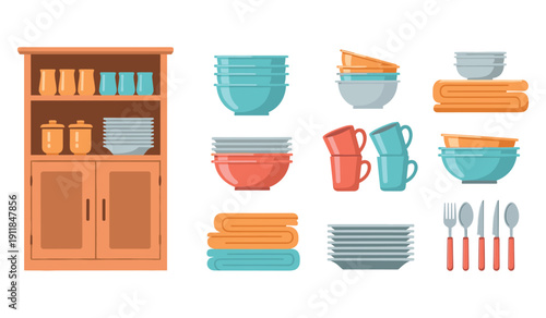 Kitchen cabinet with plates, bowls, cups, and utensils in flat design