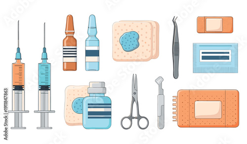 Medical supplies set: syringes, bandages, ampoules, and tools on white background