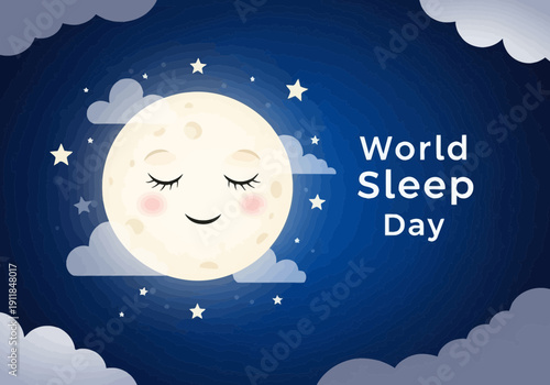 World sleep day illustration with sleeping moon and stars