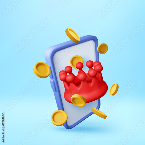 3D Red crown emerging from smartphone screen with flying gold coins. Mobile gaming or online casino winning concept. Digital reward program. Vector illustration