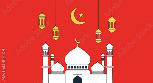 Celebration of Ramadan with mosque illustration featuring crescent moon and lanterns in a festive atmosphere
