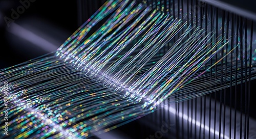 Close up of iridescent optical fiber strands on industrial loom weaving machine