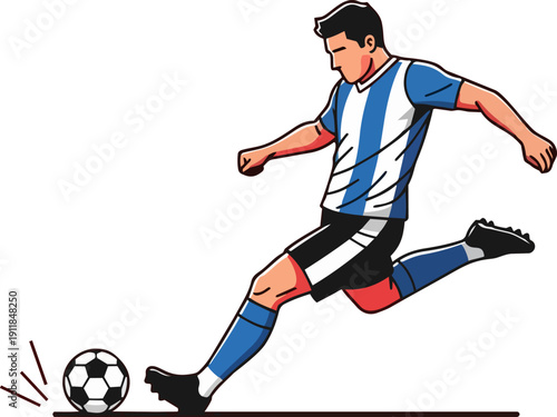 A soccer player kicking a ball with dynamic energy and motion, captured from a front viewpoint.