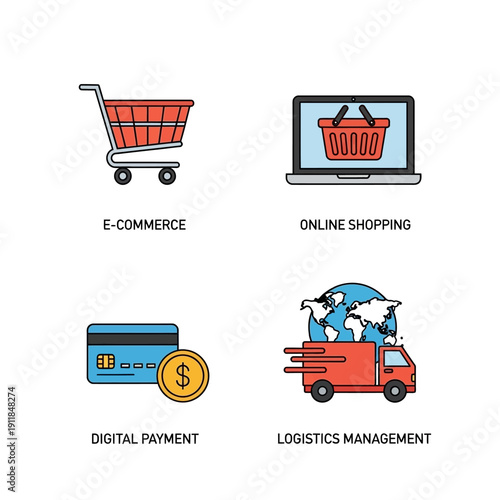 E-commerce and online shopping concepts with digital payment and logistics.