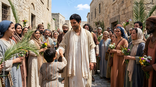 A boy touches Jesus's hand in front of rows of people holding bouquets of flowers in the city of Jerusalem.