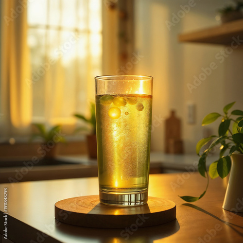 Glass of pure water on a kitchen counter with warm morning sunlight