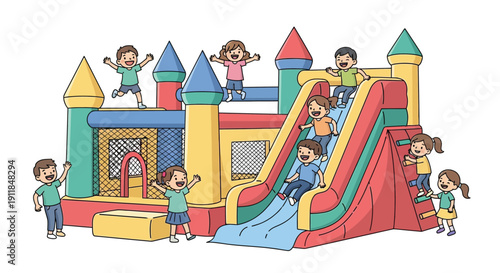 Children joyfully playing on a colorful inflatable bounce house with a slide