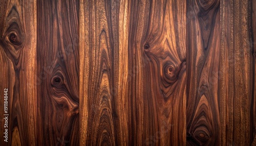 Rich Walnut Wood Grain: Close-up view of vertical walnut wood planks showcasing a complex, intricate grain pattern with knots and variations in deep brown hues.