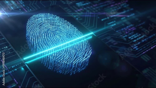 Seamless loop of biometric fingerprint identification. Glowing blue digital scan line passing over human finger print. Cyber security, access verification and personal identity concept.
