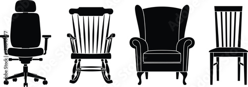 Chair silhouette vector set featuring office chair, rocking chair, armchair and wooden chair isolated on white background furniture illustration collection pack