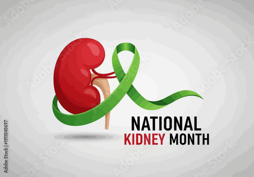 National kidney month kidney and green ribbon awareness graphic