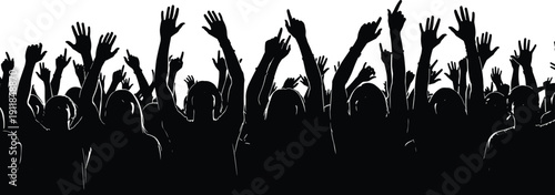 Crowd silhouette with raised hands cheering vector illustration indicate audience celebration concert festival people isolated black banner graphic design