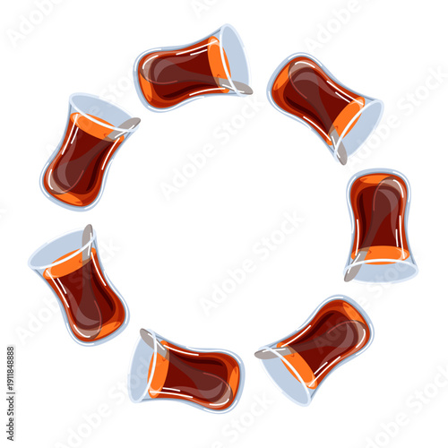 Traditional Turkish tea wreath in tulip shaped glass with spoon in cartoon style. Ideal for Turkish culture design, cafe, restaurant menu or tea ceremony.