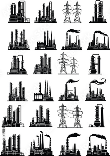 Industrial Factory and Power Plant Silhouette Set, Vector Oil Refinery Icons, Manufacturing Engineering Buildings, Energy Station Infrastructure, Chemical Plant isolated on White