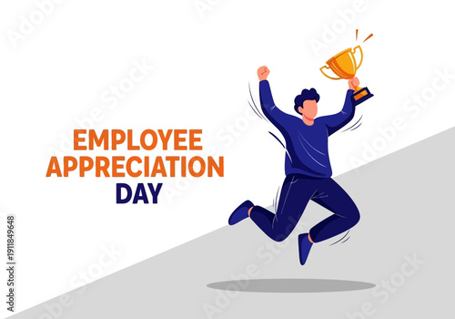 Jumping man celebrating employee appreciation day with a trophy