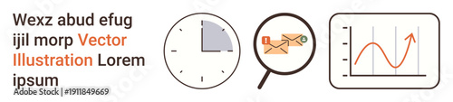 Productivity tools, time tracking, email communication, data analysis, workflow efficiency, performance monitoring. Clock, magnifying glass with email and rising graph icon. Time tracking and email