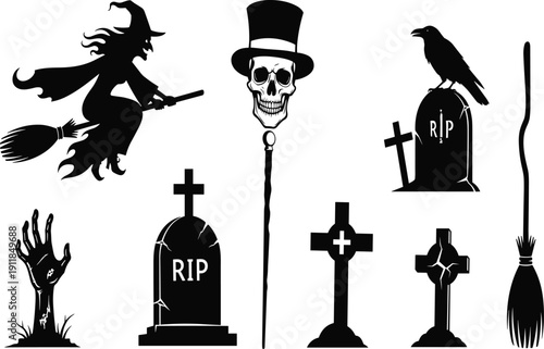 Halloween silhouette set with witch skull gravestone raven broom zombie hand vector illustration spooky horror elements isolated black graphic collection design