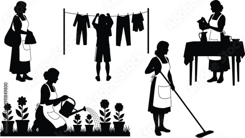 Housewife silhouette collection vector illustration woman doing household chores cleaning cooking gardening laundry isolated black domestic work graphic design bundle