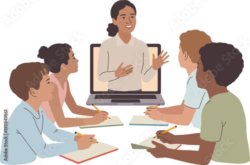 Diverse students attend online class with teacher via laptop, taking notes at desks