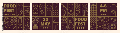 Line style set fast food mosaic with geometric eat cutlery.