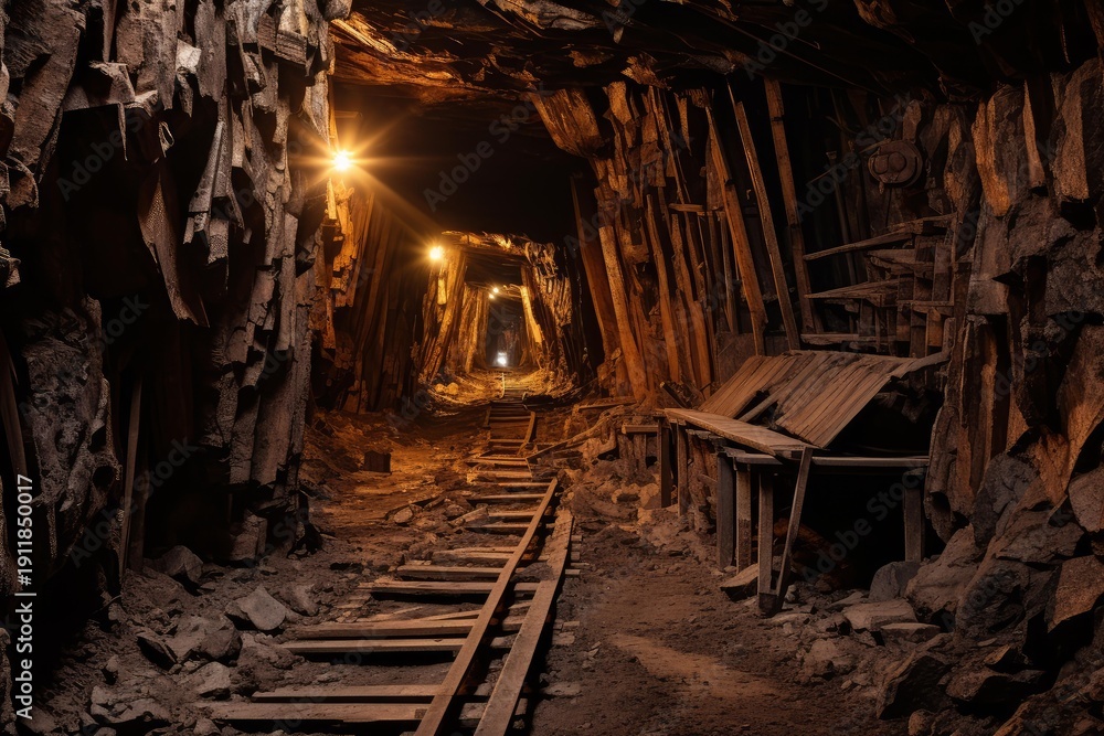 Fototapeta premium Dark subterranean tunnel showing historical mining industry infrastructure with wooden supports