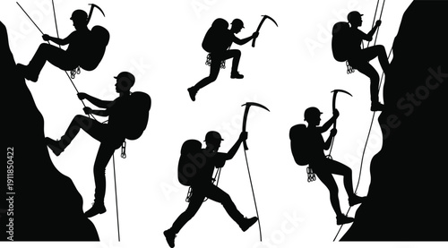 Set of mountaineer climber silhouettes with rope and ice axe climbing steep rock cliff, extreme adventure expedition concept, hiking sport illustration isolated on white.