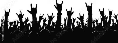 Rock concert crowd silhouette with raised hands horns gesture vector illustration music festival audience cheering fans isolated black graphic banner design