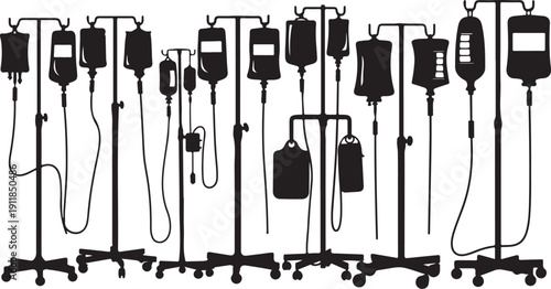 Medical IV drip stands with various fluid bags attached