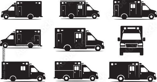 Collection of ambulance vehicles in black silhouette style icons