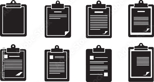 Collection of black clipboard icons with documents and notes