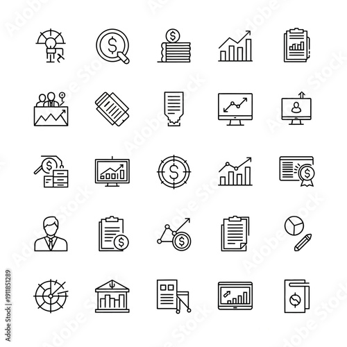 Set of 25 financial and business line icons for web and mobile applications.