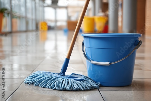 Cleaning supplies featuring a mop and bucket on a clean floor