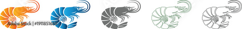 Detailed Prawn Flat Icon Set Vector Illustration, Simple Sea Animal Graphic Design Element