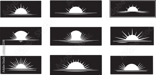 Sunrise Silhouette Icons Set in Black and White Background