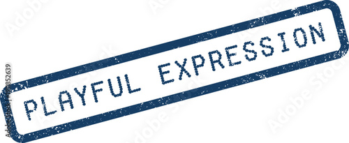 Textured blue ink imprint of the words Playful Expression creating a dynamic label