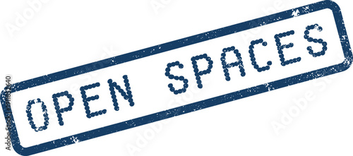 Open Spaces word text displayed within a blue distressed rectangular official seal