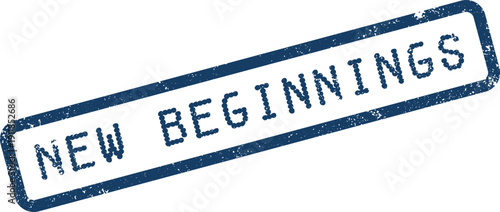 New Beginnings word text displayed within a blue distressed rectangular official seal