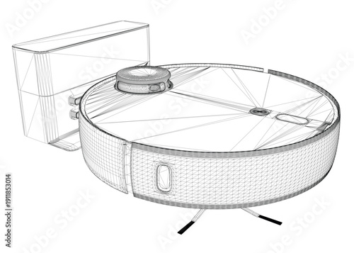 A robotic vacuum cleaner wireframe model in metallic gray, featuring a cylindrical water tank design with a black outline and lid. This 3D object is isolated on a clean white background.