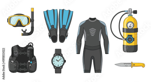 Scuba diving equipment collection mask fins wetsuit tank and accessories