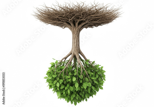 Inverted tree with green leaves and roots in air