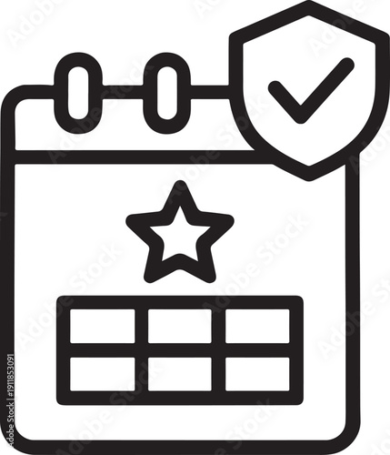 Calendar with security shield and checkmark icon for scheduled business protection and corporate safety
