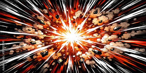 A vibrant burst of fireworks creates an explosion of light and fire against the night sky, featuring a glowing motion design of colorful red and blue stars in a celebratory holiday display